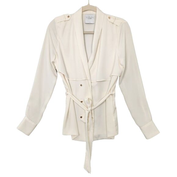 L'ACADEMIE Ivory The Trench Blouse Long Sleeve Tie Waist Button Top SIZE SMALL - Picture 2 of 11